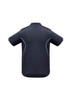 A navy short sleeve polo shirt featuring white piping, designed for kids. Includes a logo on the chest.