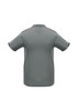 A grey short sleeve polo shirt featuring a sleek design and contrasting black accents. It has a logo on the back.