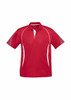 A red short sleeve polo shirt featuring white accents and a logo. Suitable for kids.