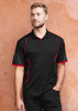 A men's short sleeve polo shirt in black with red accents and a branding logo on the chest.