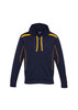 A navy hoodie with yellow accents and a front zipper, featuring a hood and a logo.