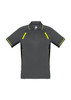 A grey polo shirt with yellow accents and a logo, featuring short sleeves and a classic collar.