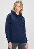 A women's navy crew hoodie featuring a front pocket and a logo. The model has blonde hair and a casual expression.