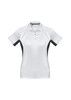 A women's short sleeve polo in white with black accents and a logo. Designed for a stylish and sporty look.