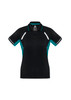 A black and teal women's short sleeve polo shirt featuring a logo and contrast detailing.