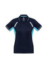 A women's navy blue short sleeve polo shirt featuring light blue accents and a logo.