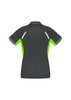 A women's short sleeve polo in dark grey with lime green accents and reflective detailing, featuring a logo.