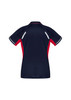 A navy and red women's polo shirt featuring a sporty design and logo on the back.