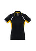 A black and yellow women's polo shirt with short sleeves and a logo on the chest.