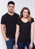 A black short sleeve tee for men and a black short sleeve tee for women, both with v-neck and scoop neck styles.