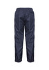 A pair of navy blue track pants with an elastic waistband and elastic cuffs at the ankles, featuring a branding logo.