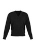 A black v-neck knitted pullover for men with long sleeves and ribbed cuffs. Features a subtle brand logo.