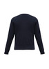 A dark navy wool-mix knitted pullover with long sleeves and a crew neck. It has a logo on the back.