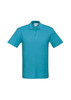 A teal polo shirt with a collar and short sleeves. It features a logo on the chest.