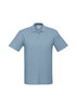 A light blue polo shirt with short sleeves and a collar, featuring buttons and a brand logo.