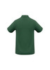 A green polo shirt with short sleeves and a collar, featuring a logo on the back.