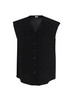 A black sleeveless blouse with a button-down front and a relaxed fit, featuring a collar and no logos.