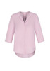 A pink women's longline blouse with a button-up front and three-quarter sleeves. Features a branding logo.