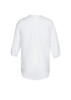 A white longline blouse with three-quarter sleeves and a rounded hem, featuring a back pleat and branding.