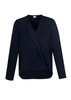 A women's navy blue hi-lo blouse with long sleeves and a wrap-style design. It features a logo on the label.