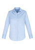 A light blue button-up shirt with long sleeves and a collar, featuring a logo.