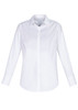 A white long sleeve button-up shirt for women with a collar and a logo on the chest.