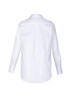 A white long sleeve button-up shirt with a collar and back pleat detail, featuring a logo on the fabric.
