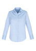 A light blue women's button-up shirt with long sleeves and a collar, featuring a logo on the fabric.
