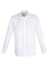 A white long sleeve button-up shirt with a classic collar and a logo on the chest.
