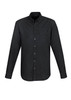 A black long sleeve button-up shirt featuring a chest pocket and a classic collar. It has a logo on the chest.