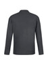 A black long sleeve polo shirt featuring a simple design and a branding logo on the back.