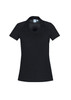 A women's short sleeve polo shirt in black, featuring a v-neck and a logo on the collar.