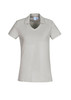 Light grey women's short sleeve polo shirt featuring a collar and a logo. Ideal for casual wear.