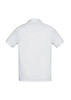A white short sleeve polo shirt with a back view, featuring a logo. Ideal for casual wear.