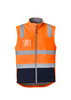 A unisex high visibility softshell vest in bright orange and navy, featuring reflective stripes and a chest pocket.