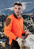 A long sleeve polo in high visibility orange and black, featuring a logo and worn by a man outdoors.