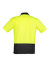 A unisex short sleeve polo shirt in high visibility yellow with a black lower section and branding on the back.