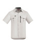 A light grey short sleeve button-up shirt featuring two front pockets and a zippered chest pocket, with a logo.