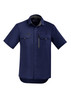 A navy short sleeve button-up shirt with two front pockets and a zippered pocket, featuring a logo.