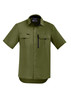 A short-sleeve button-up shirt in olive green with two front pockets and a chest pocket. It features a logo.