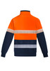 Hi-vis orange and navy fleece pullover with hoop tape detailing and a high collar. Includes a logo on the garment.