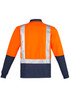 Long-sleeve polo shirt featuring orange and navy colours with reflective shoulder tape and a logo.