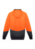 A unisex hoodie in high visibility orange with a textured pattern and black accents. It features a full zip and a hood.