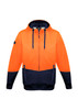 A unisex hi-vis textured jacquard full zip hoodie in orange and navy, featuring a logo.