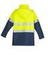 A lightweight waterproof jacket featuring high visibility fluorescent yellow and navy blue colours, with reflective stripes and a hood.