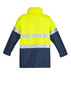 A lightweight men's hi-vis waterproof jacket in bright yellow with navy blue sleeves and reflective stripes.