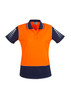 A short sleeve polo in hi-vis orange and navy, featuring a logo on the chest and reflective stripes on the sleeves.