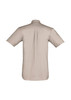 A short sleeve, lightweight men's work shirt in beige, featuring a back pleat and logo branding.