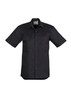 A black lightweight short sleeve shirt with two chest pockets and a logo. Suitable for workwear.