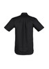A black short sleeve work shirt featuring a back pleat and a logo.